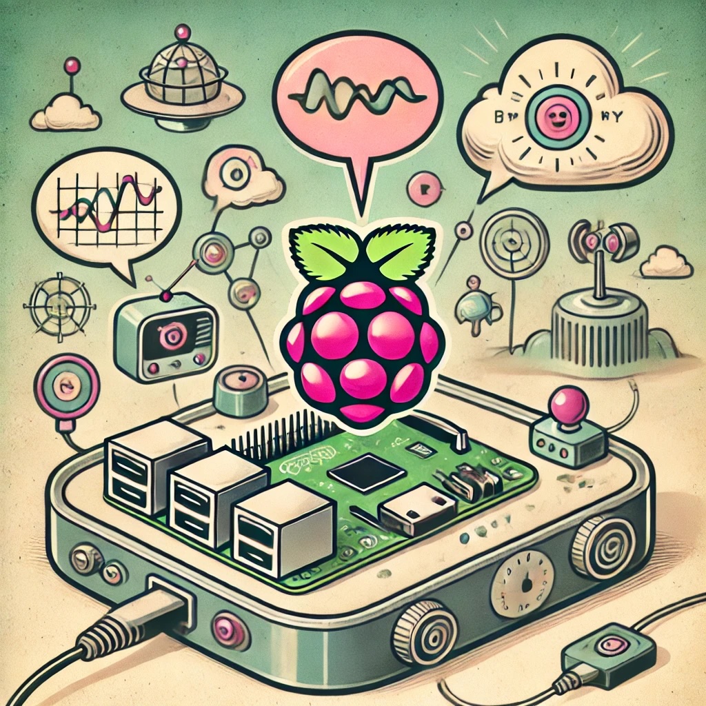 DALL·E prompt - A 1950s-style cartoon illustration showing a Raspberry Pi running a small language model at the edge. The Raspberry Pi is stylized in a retro-futuristic way with rounded edges and chrome accents, connected to playful cartoonish sensors and devices. Speech bubbles are floating around, representing language processing, and the background has a whimsical landscape of interconnected devices with wires and small gadgets, all drawn in a vintage cartoon style. The color palette uses soft pastel colors and bold outlines typical of 1950s cartoons, giving a fun and nostalgic vibe to the scene.